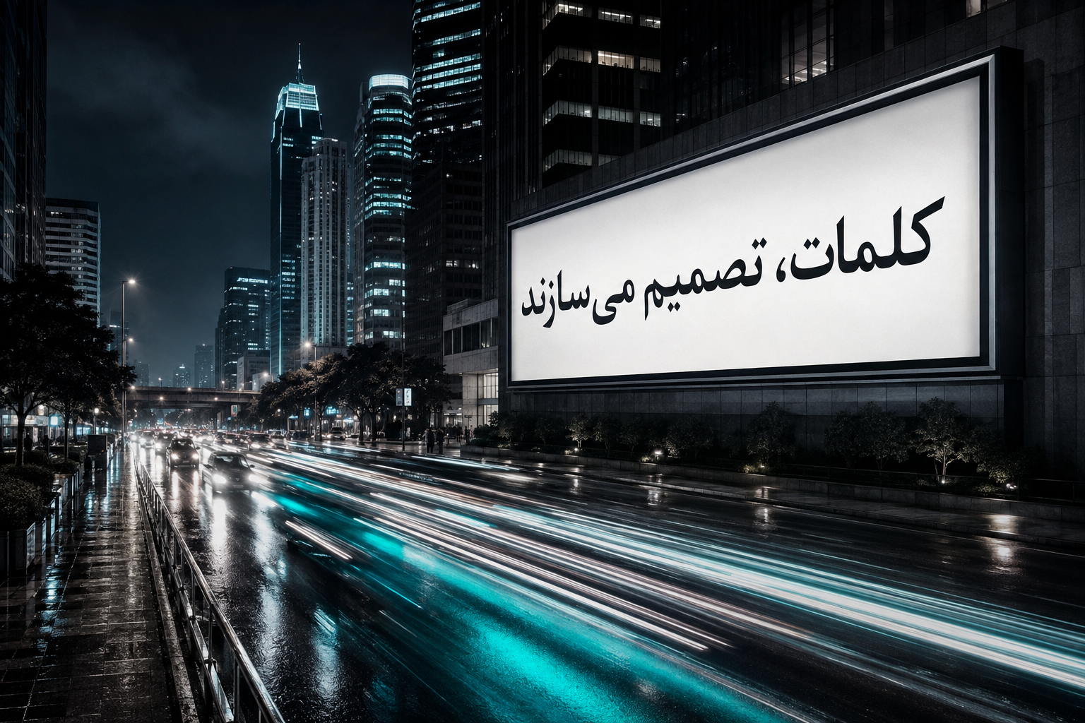 شهر شلوغ در شب با رد نور خودروها و بیلبوردی با پیام کلمات، تصمیم میسازند